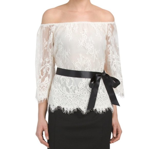 Rickie Freeman For Teri Jon Women's Off-The-Shoulder Lace Blouse Ivory Size 12 - Picture 2 of 14